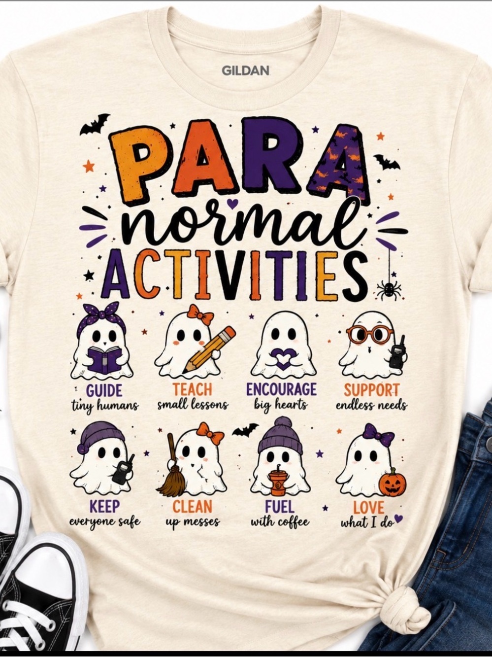 Teacher Para Gildan Cream women’s Tee with Orange & Purple Halloween Ghosts